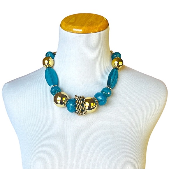 Royal Chunky Blue & Gold Tone Necklace and Earrings Maximalist Beaded - Picture 1 of 6